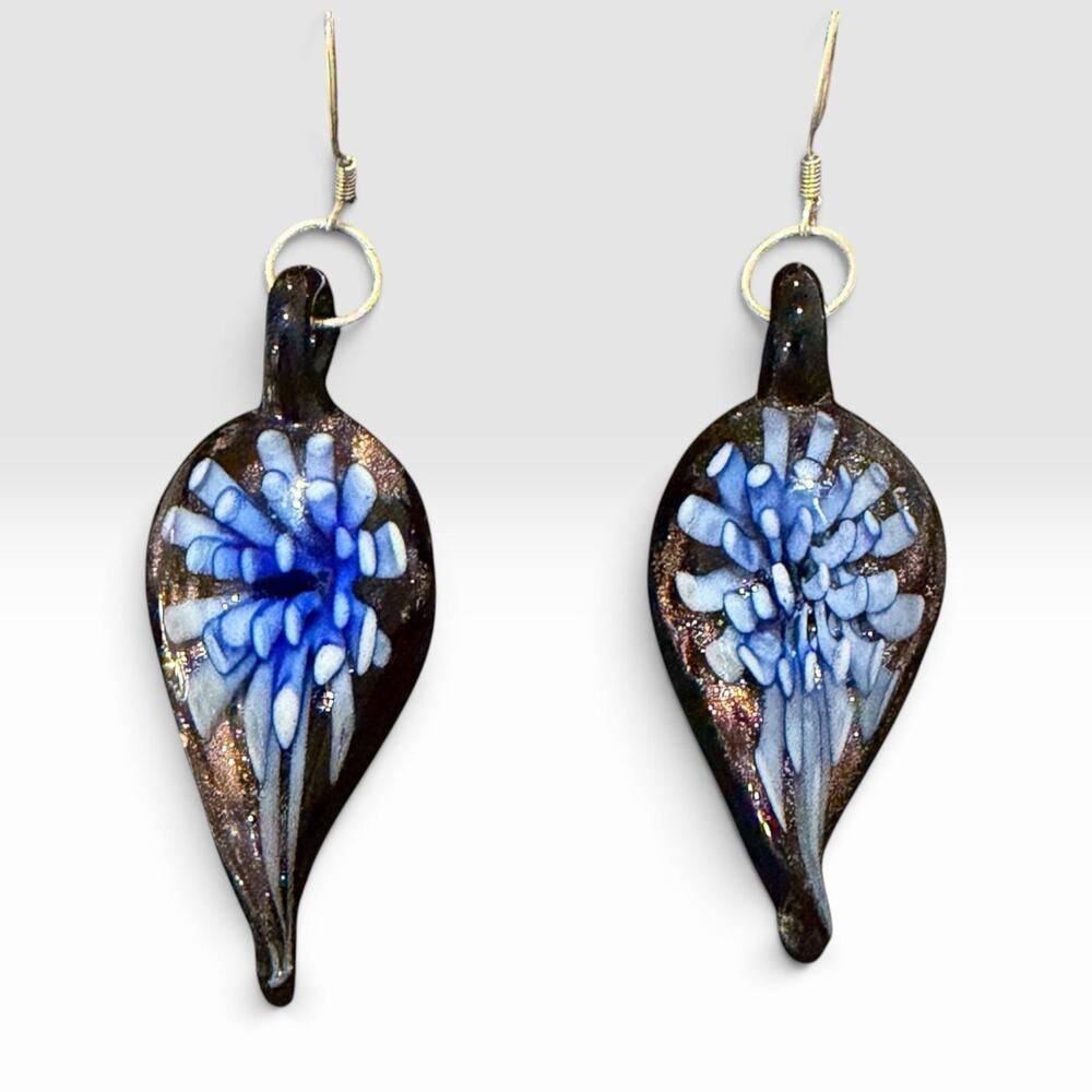 Vintage Murano Style Hand Blown Glass Blue Floral Sterling Silver Dangle Earring